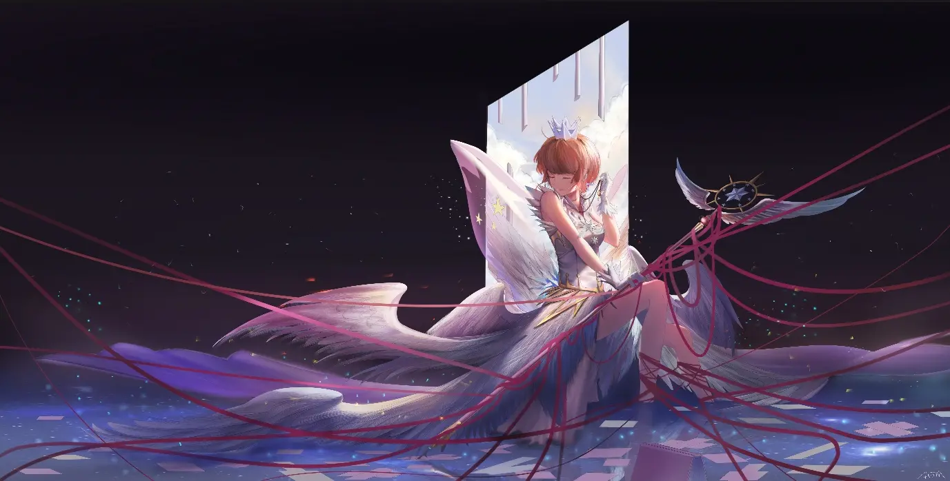 カードキャプターさがの木之本桜が魔法のカードを手に取り、真剣な表情で見つめているシーン